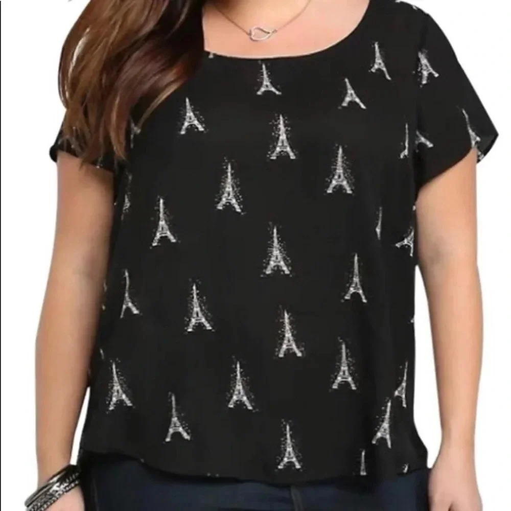 Torrid Women's 2X Eifel Tower Black Sheer Blouse Short Sleeve